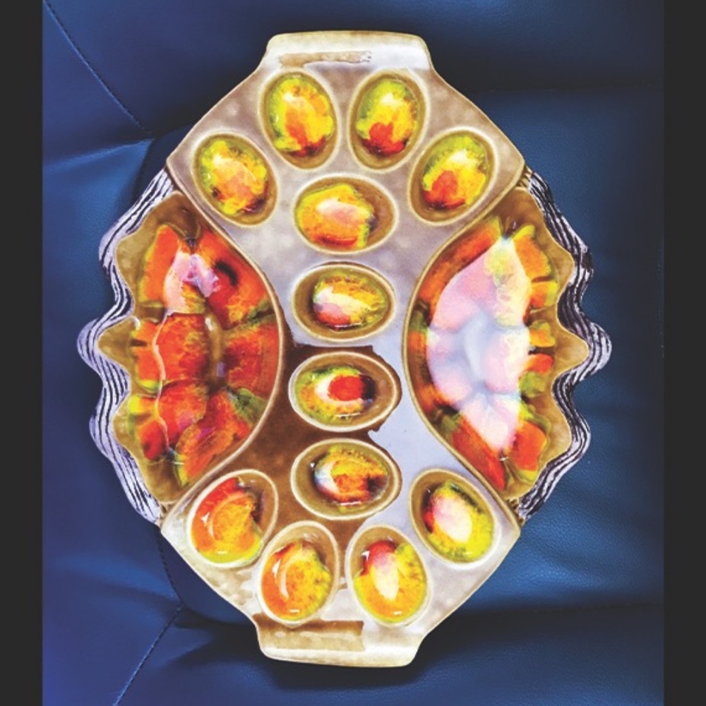 Vintage Sequoia Ware Orange & Yellow Lava Glazed Devil Egg tray #749